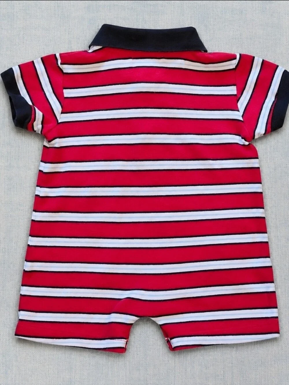 Vintage Ralph Lauren Baby Romper 3M Red Navy Striped Polo Shortall USA Summer